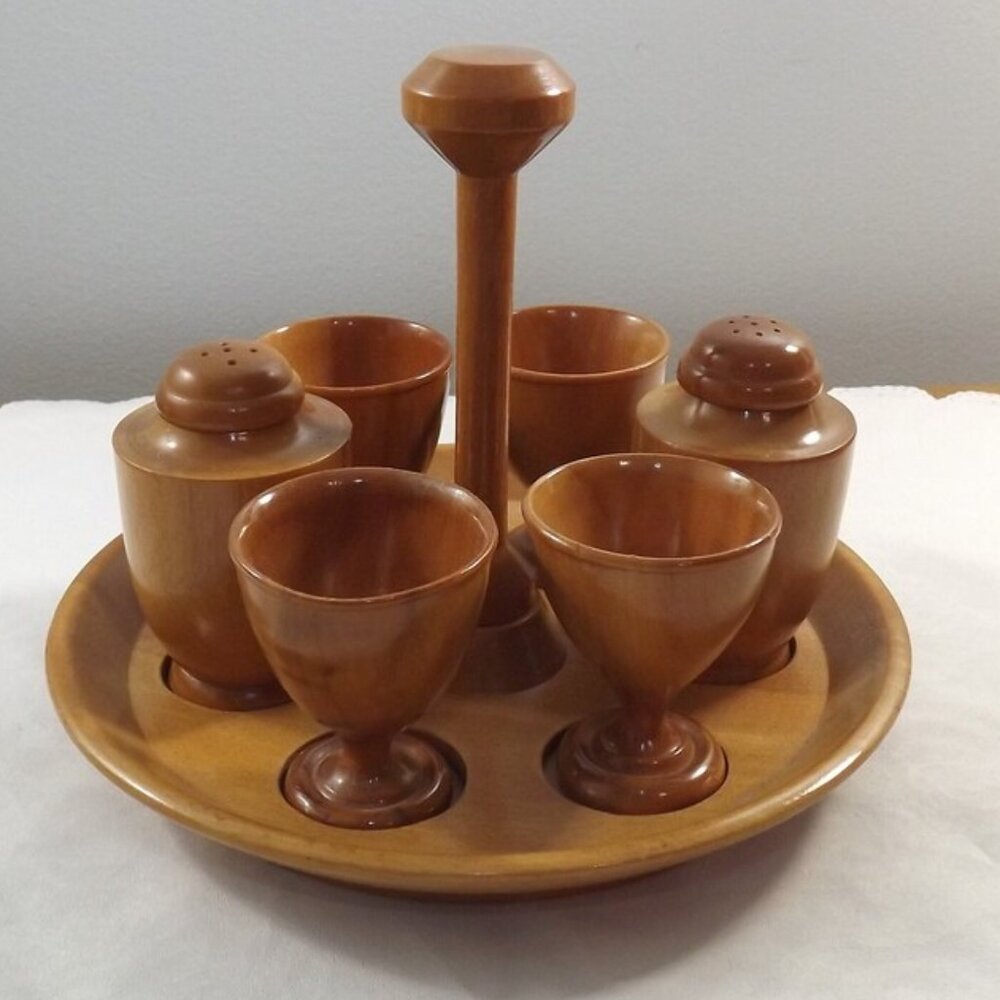Vintage Wooden Tray with Salt and Pepper and 4 Egg Cups